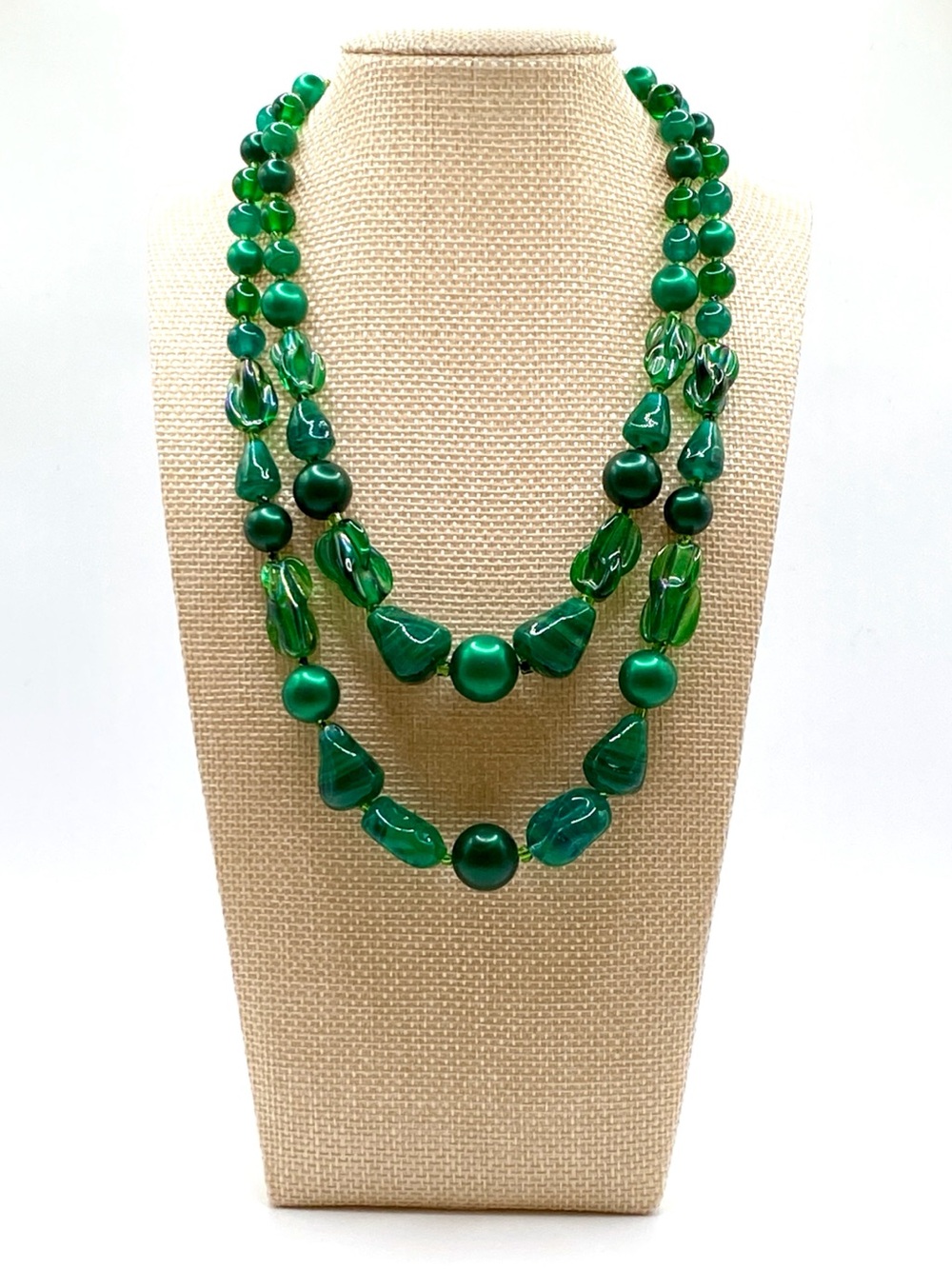 Vintage Japan 2 Strand Emerald Green Beaded Necklace Mixed Glass Plastic Retro